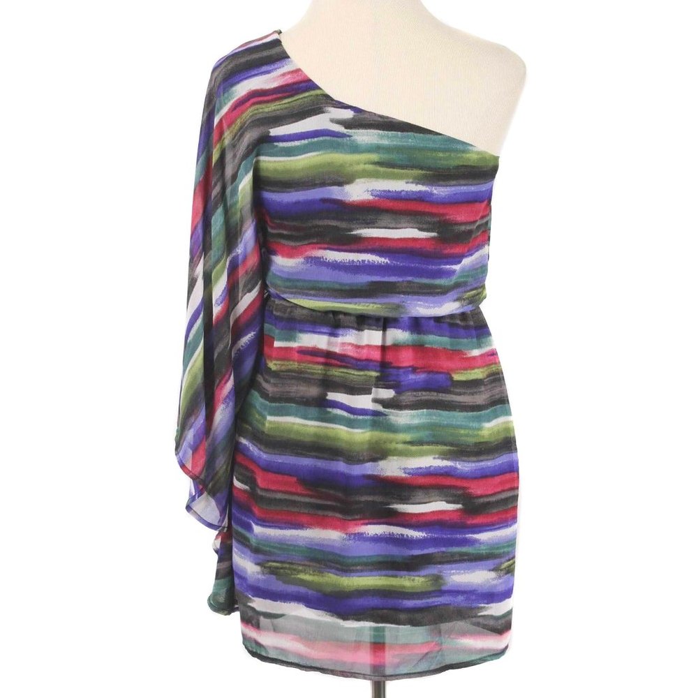 FIRE LA Colorful Striped Chiffon 1 Shoulder Dress Women's Size Medium - Picture 3 of 5